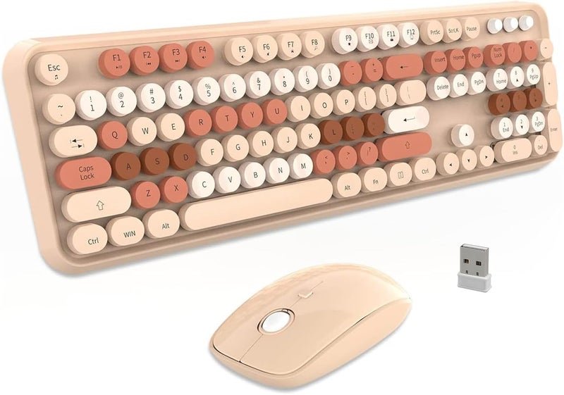 FD Wireless Keyboard and Mouse Combo | Cute Colorful Keyboard and Mouse with 2.4GHz Cordless Retro Typewriter Keyboard | Auto-Sleep | USB Receiver for Windows PC/Laptop - Creamy Colorful - Image 1